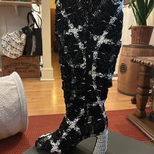 Betsey Johnson Black and White Beaded Over the Knee Boots